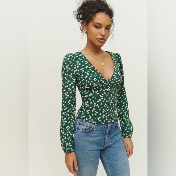 Reformation Nell Top in Green Ditsy Floral - Picture 1 of 8